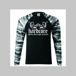 Hardcore - Pride, Strength, Family pánske tričko (nie mikina!!) s dlhými rukávmi vo farbe " metro " čiernobiely maskáč gramáž 160 g/m2 materiál 100%bavlna
